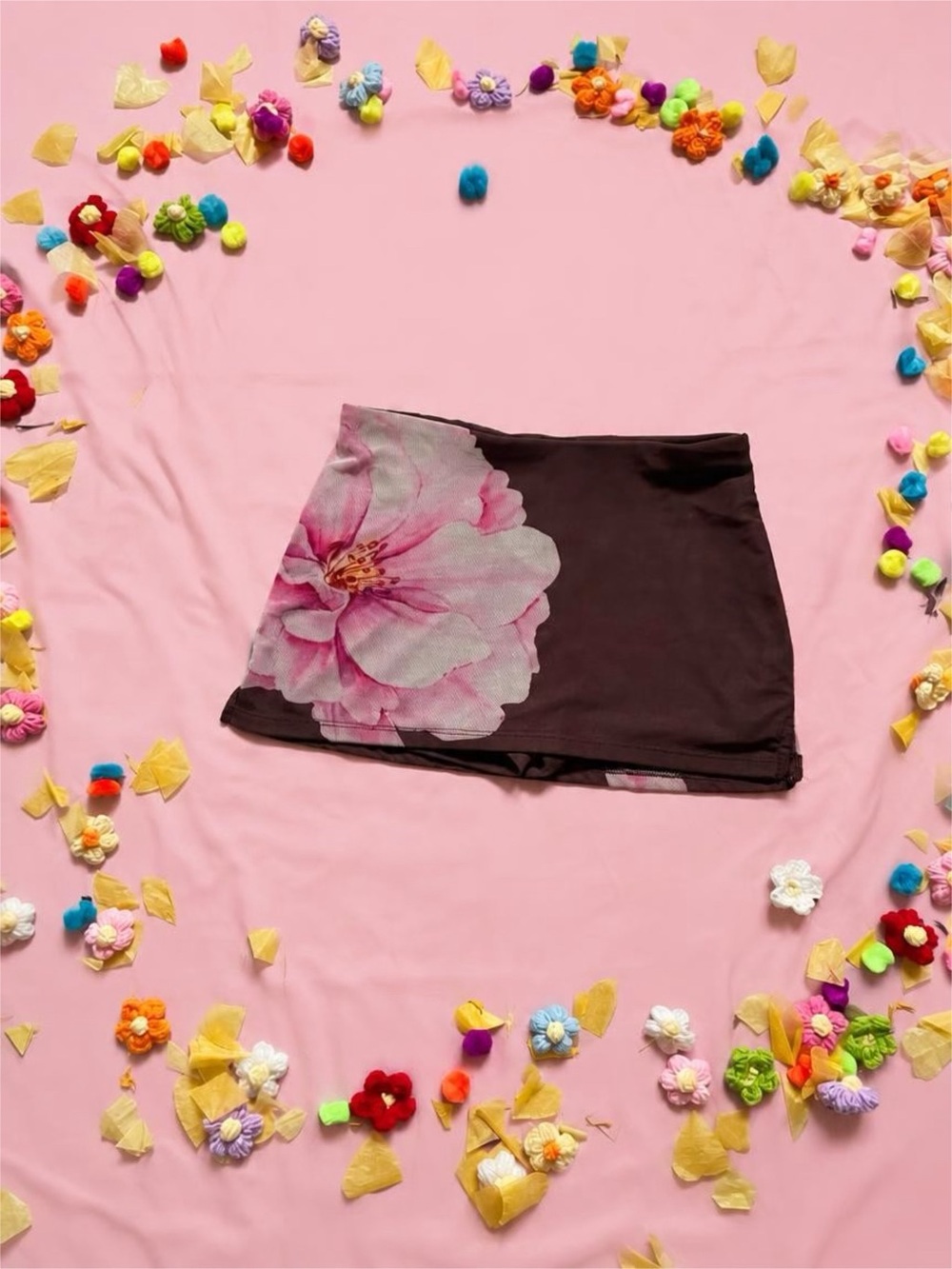 Derek Heart Brown Mini Skirt with Pink Floral Accent